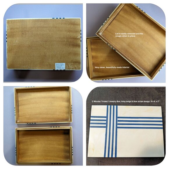 C Wonder Trinket / Jewelry Box, Inlay beige & blue stripe design, 9 x 6  x 2" - Picture 3 of 17